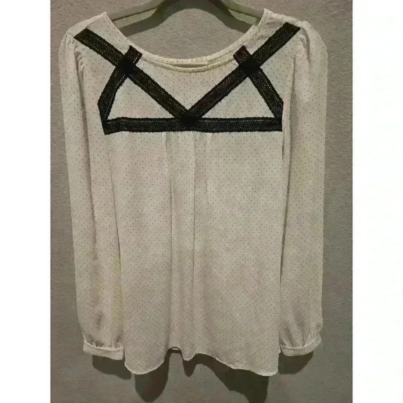 Ann Taylor Loft Women's M White Polka Dot Long Sleeve Blouse Crochet Trim - Picture 1 of 8